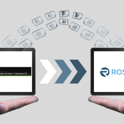 Passaggio dal portale Radar al nuovo sistema Ross1000 per la gestione delle strutture ricettive, con due tablet che mostrano i loghi dei rispettivi portali e frecce che indicano il trasferimento di dati.