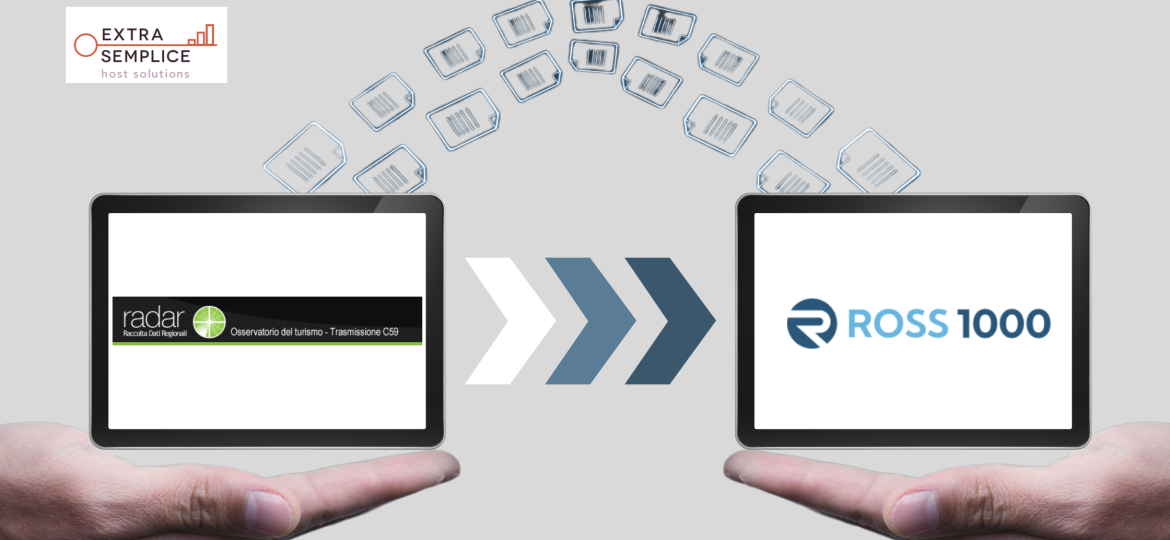 Passaggio dal portale Radar al nuovo sistema Ross1000 per la gestione delle strutture ricettive, con due tablet che mostrano i loghi dei rispettivi portali e frecce che indicano il trasferimento di dati.